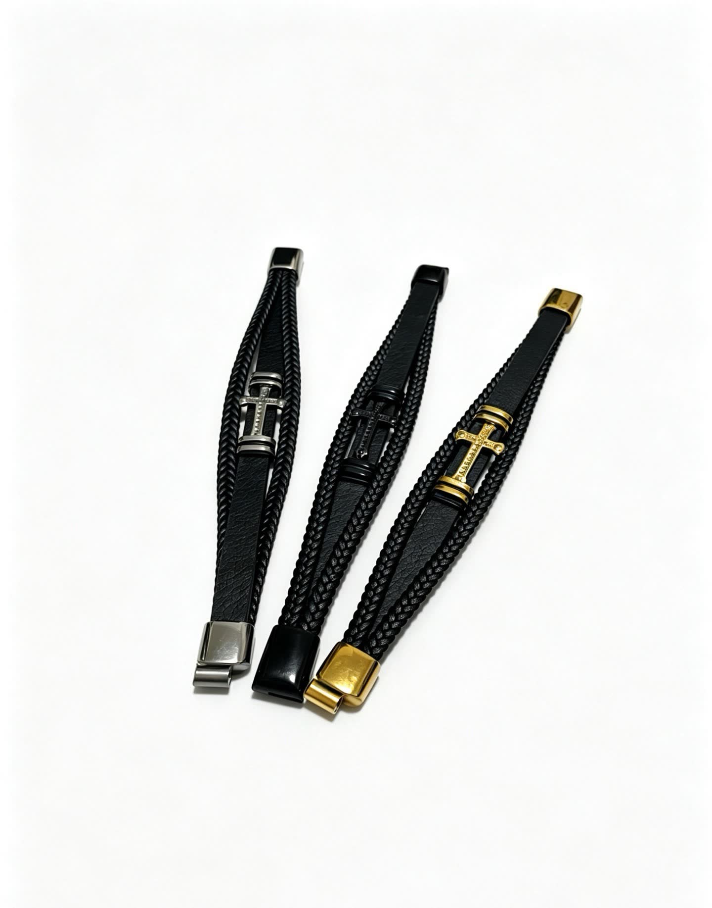 Chrome Hearts Black Leather Bracelet with Gold Cross